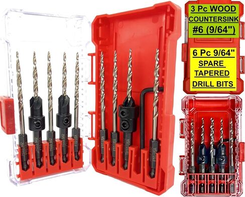 FTG USA Countersink Drill Bit Set 3 Pc #6#8#10 Adjustable Countersink with 6 Pc Replacement Tapered Drill Bits for Wood in Storage Container in Saudi Arabia