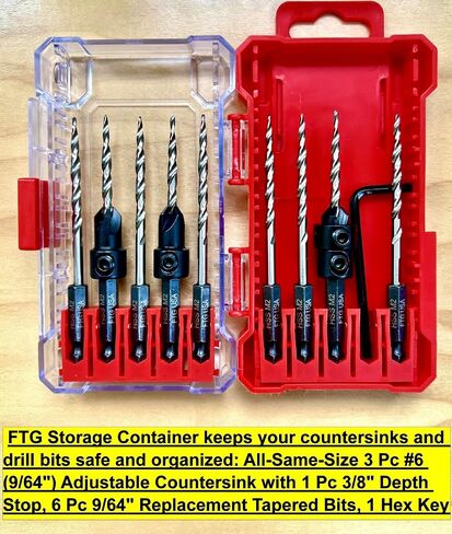 FTG USA Countersink Drill Bit Set 3 Pc #6#8#10 Adjustable Countersink with 6 Pc Replacement Tapered Drill Bits for Wood in Storage Container in Saudi Arabia