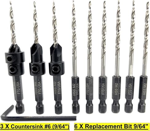 FTG USA Countersink Drill Bit Set 3 Pc #6#8#10 Adjustable Countersink with 6 Pc Replacement Tapered Drill Bits for Wood in Storage Container in Saudi Arabia