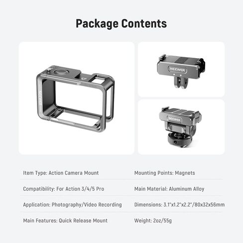 NEEWER Protective Cage Compatible with DJI Osmo Action 6, Aluminum Quick Release Expansion Frame Case Action Camera Accessories, 1/4" Thread & Cold Shoe for Tripod Selfie Stick Mic LED Light, AC049 in Saudi Arabia
