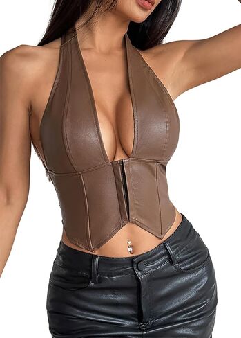 YUNAR Women Y2K Faux Leather Halter Crop Top, Deep V-Neck Corset Style Tank Top, Black, Brown, Wine Red, Clubwear Party Vest in Kuwait