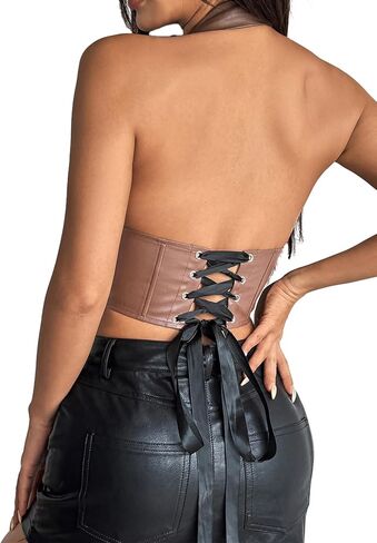 YUNAR Women Y2K Faux Leather Halter Crop Top, Deep V-Neck Corset Style Tank Top, Black, Brown, Wine Red, Clubwear Party Vest in Kuwait