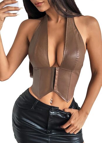 YUNAR Women Y2K Faux Leather Halter Crop Top, Deep V-Neck Corset Style Tank Top, Black, Brown, Wine Red, Clubwear Party Vest in Kuwait