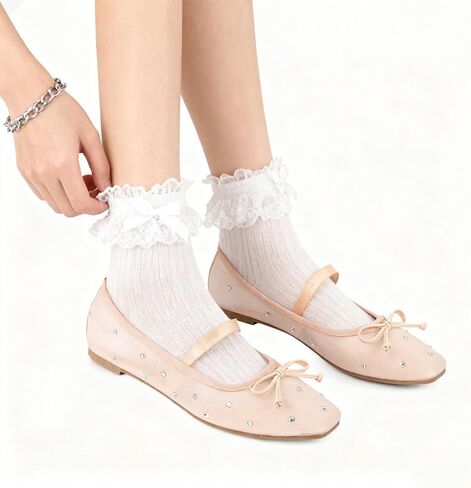 حذاء نسائي مسطح من الدانتيل من MUSSHOE مع حجر الراين: حذاء باليه مسطح بمقدمة مربعة: حذاء راقصة باليه كاجوال مريح ومريح لحفلات الزفاف in Saudi Arabia