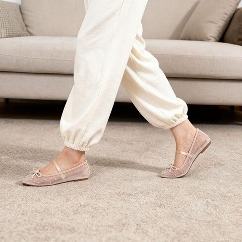 حذاء نسائي مسطح من الدانتيل من MUSSHOE مع حجر الراين: حذاء باليه مسطح بمقدمة مربعة: حذاء راقصة باليه كاجوال مريح ومريح لحفلات الزفاف in Saudi Arabia