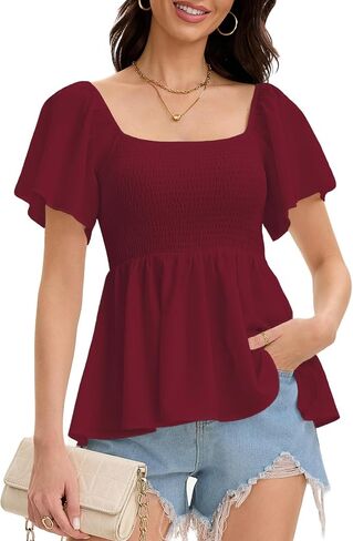 Women's Summer Peplum Tops Square Neck Ruffle Trim Short Sleeve Blouse Top Dressy Casual Shirts in Kuwait