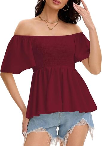Women's Summer Peplum Tops Square Neck Ruffle Trim Short Sleeve Blouse Top Dressy Casual Shirts in Kuwait