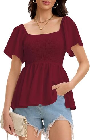 Women's Summer Peplum Tops Square Neck Ruffle Trim Short Sleeve Blouse Top Dressy Casual Shirts in Kuwait