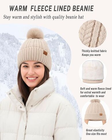 Winter Hat Scarf Gloves Set for Women Warm Cute Fleece Lined Beanie Pom Pom Long Scarf Touchscreen Gloves Cold Weather Gift in Saudi Arabia