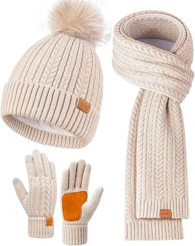 Winter Hat Scarf Gloves Set for Women Warm Cute Fleece Lined Beanie Pom Pom Long Scarf Touchscreen Gloves Cold Weather Gift in Saudi Arabia