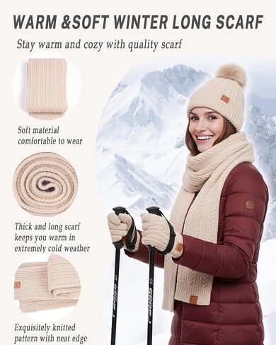 Winter Hat Scarf Gloves Set for Women Warm Cute Fleece Lined Beanie Pom Pom Long Scarf Touchscreen Gloves Cold Weather Gift in Saudi Arabia