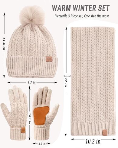 Winter Hat Scarf Gloves Set for Women Warm Cute Fleece Lined Beanie Pom Pom Long Scarf Touchscreen Gloves Cold Weather Gift in Saudi Arabia