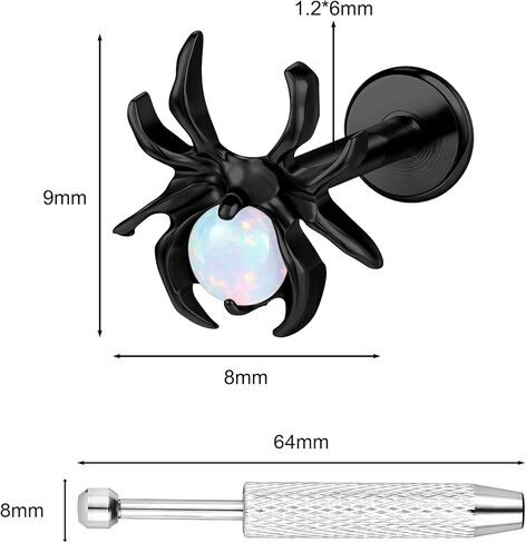 16G Halloween Helix Earrings G23 Titanium Spider Opalite Cartilage Stud Earring Cute Flat Back Lobe Conch Tragus Piercing Jewelry Nose Ring for Women Men in Kuwait