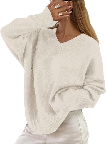 Women's Oversized Fall Sweaters Long Sleeve V Neck Loose Knit Pullover Tops Airport Travel Outfit in Saudi Arabia