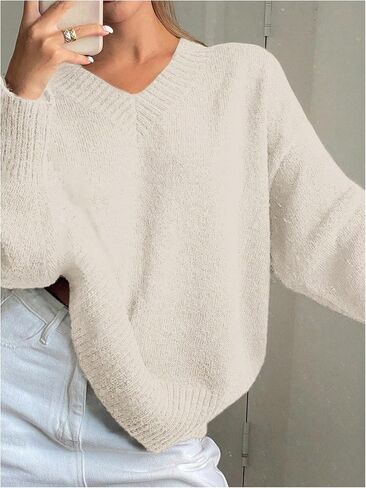 Women's Oversized Fall Sweaters Long Sleeve V Neck Loose Knit Pullover Tops Airport Travel Outfit in Saudi Arabia
