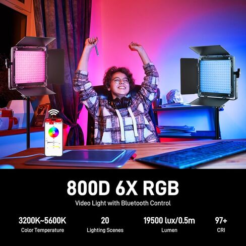 مجموعة إضاءة فيديو GVM RGB LED، مصابيح استوديو مطورة 800D 6X مع عدسة بصرية، إضاءة تصوير فوتوغرافي مع 20 وضعًا للمشهد، مصابيح لوحة مع 19500 لوكس/0.5 متر، تصوير، محتوى، محمول، عبوتان in Kuwait