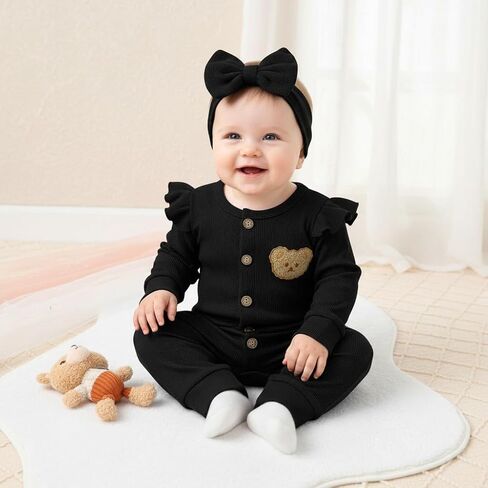 Newborn Baby Girl Cute Bear Ruffle Long Sleeve Jumpsuit Ribbed Bodysuit One-Piece Button Romper with Headband 0-18M in Saudi Arabia