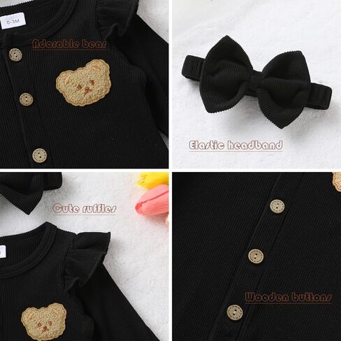Newborn Baby Girl Cute Bear Ruffle Long Sleeve Jumpsuit Ribbed Bodysuit One-Piece Button Romper with Headband 0-18M in Saudi Arabia