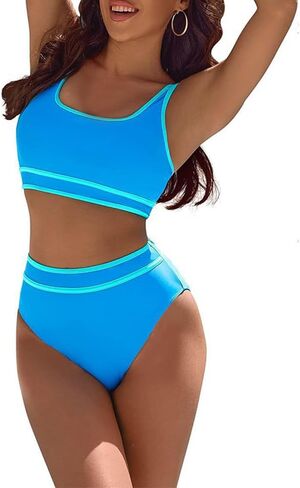 Women's High Waisted Bikini Sets Sporty Two Piece Swimsuits Color Block High Cut Bathing Suits in Saudi Arabia
