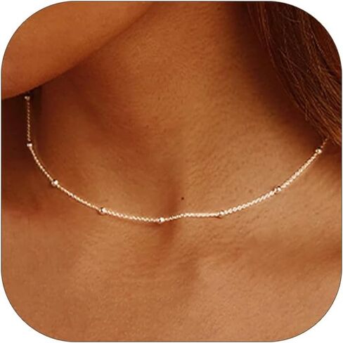 FOCALOOK Beaded Necklace Choker Chain Double Layered Necklace 18K Gold Plated Metal Boho Necklaces for Women Teen Girls in Kuwait