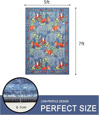 Cute Aesthetic Bedroom Rug, Ultra Thin Vintage Abstract 5x7 Carpet Washable, Boho Floral Botanical Area Rug for Living Room Entryway Kitchen Dorm, Green Woodland Forest Nature Kids Rug Nursery Carpet in Kuwait