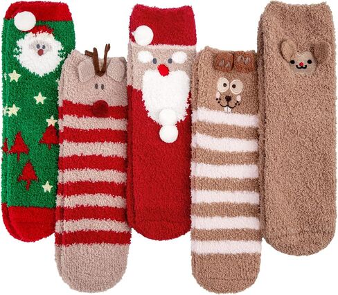 Fuzzy Socks for Women 5 Pairs Winter Warm Fluffy Slipper Socks Soft Cute Cat Animal Socks, C-Grey & Pink & White & Yellow & Black in Saudi Arabia