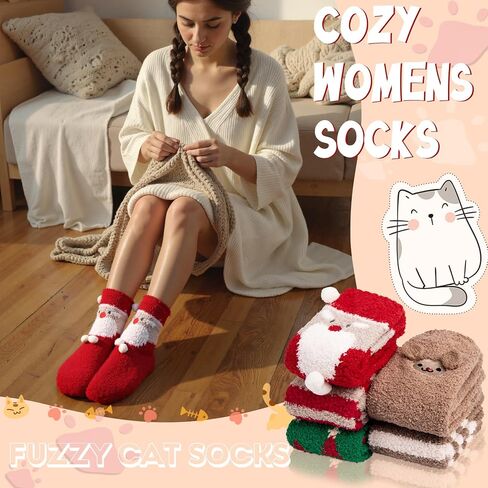 Fuzzy Socks for Women 5 Pairs Winter Warm Fluffy Slipper Socks Soft Cute Cat Animal Socks, C-Grey & Pink & White & Yellow & Black in Saudi Arabia
