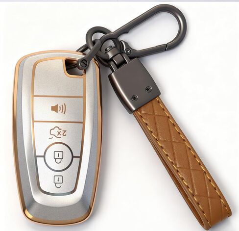لغطاء Ford Key Fob الممتاز من مادة TPU مع سلسلة مفاتيح جلدية حماية بدون مفتاح حافظة مفتاح Fob لـ 2018-2025 Ford Explorer Bronco F150 Mustang Ranger Escape Edge Expedition Fusion 4 Button B White in Kuwait