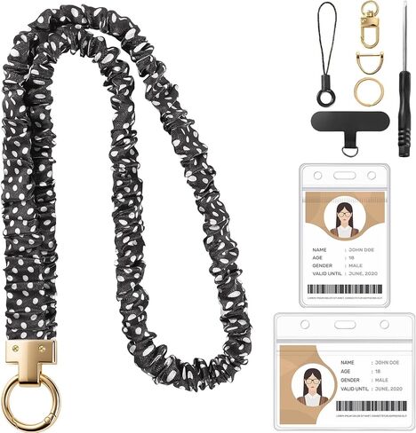 Prudiut Scrunchie Lanyard لشارات الهوية ، المعلم القابل للتراجع الحبل Lanyards الأسود Scrunchie Lanyard مع حامل الهوية للنساء in Kuwait