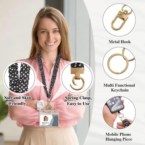 Prudiut Scrunchie Lanyard لشارات الهوية ، المعلم القابل للتراجع الحبل Lanyards الأسود Scrunchie Lanyard مع حامل الهوية للنساء in Kuwait