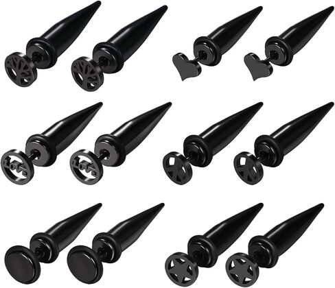 Aroncent 12PCS Stainless Steel Fake Tapers Mens Earrings Illusion Tunnel Cheater Piercing Jewelry Fake Gauge Fake Earrings Spike Stud Earrings Set for Men Women in Kuwait
