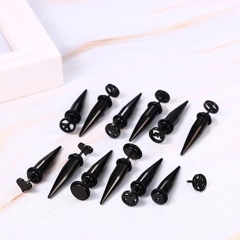 Aroncent 12PCS Stainless Steel Fake Tapers Mens Earrings Illusion Tunnel Cheater Piercing Jewelry Fake Gauge Fake Earrings Spike Stud Earrings Set for Men Women in Kuwait