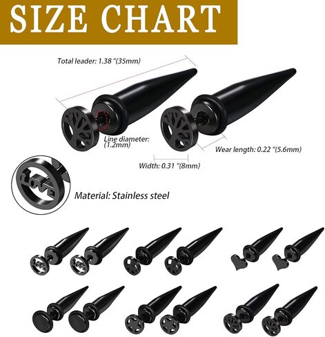 Aroncent 12PCS Stainless Steel Fake Tapers Mens Earrings Illusion Tunnel Cheater Piercing Jewelry Fake Gauge Fake Earrings Spike Stud Earrings Set for Men Women in Kuwait