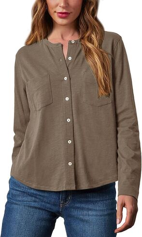 بلوزات نسائية من Sunborui بأكمام طويلة ورقبة دائرية وأزرار سفلية وقمصان علوية مع جيوب in Kuwait