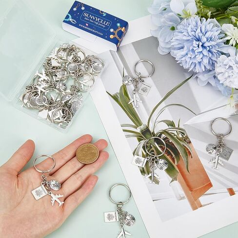 SUNNYCLUE 1 Box 20 Sets Airplane Keychains Bulk Travel Key Chains Pack Metal Silver Pilot Journey Passport Aircraft Camera Compass Charms for Backpacks Party Wedding Favor DIY Keys Handbag Supplies in Saudi Arabia