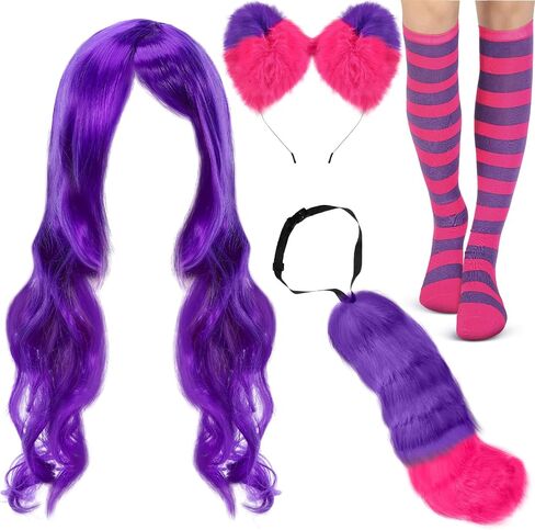 Giegxin Pink and Purple Striped Cat Costume for Women Girls Long Curly Wavy Wig Furry Cat Ears Tail Striped Socks for Halloween Cosplay Costume Accessories in Kuwait