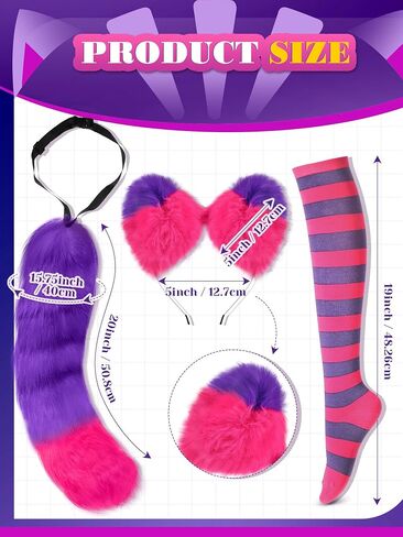 Giegxin Pink and Purple Striped Cat Costume for Women Girls Long Curly Wavy Wig Furry Cat Ears Tail Striped Socks for Halloween Cosplay Costume Accessories in Kuwait