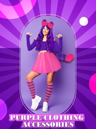 Giegxin Pink and Purple Striped Cat Costume for Women Girls Long Curly Wavy Wig Furry Cat Ears Tail Striped Socks for Halloween Cosplay Costume Accessories in Kuwait