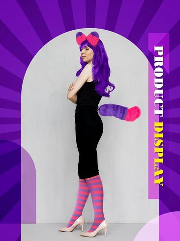 Giegxin Pink and Purple Striped Cat Costume for Women Girls Long Curly Wavy Wig Furry Cat Ears Tail Striped Socks for Halloween Cosplay Costume Accessories in Kuwait