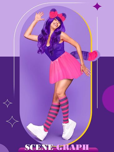 Giegxin Pink and Purple Striped Cat Costume for Women Girls Long Curly Wavy Wig Furry Cat Ears Tail Striped Socks for Halloween Cosplay Costume Accessories in Kuwait
